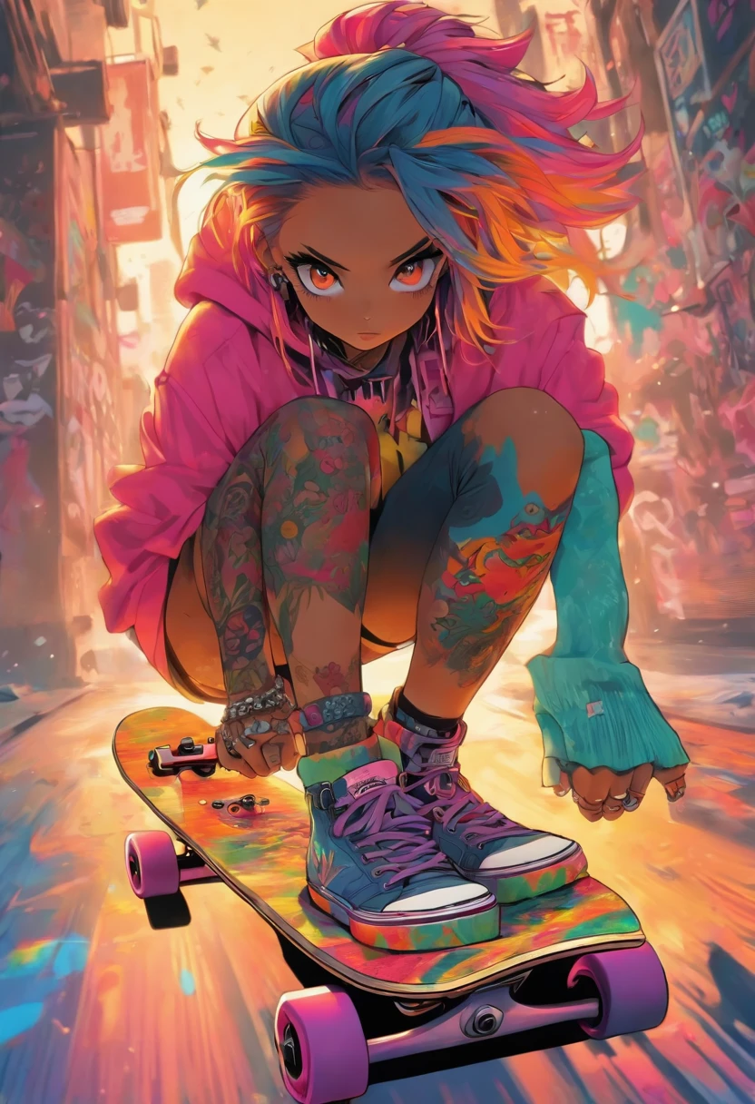 The most beautiful and sexy skateboard girl, rainbow colored hair, yellow eyes, wearing hoodie, graphic t-shirt, torn skinny jeans and highly detailed skateboard gear, tons of tattoos and piercings, highly detailed background, perfect masterpiece, high quality, high resolution