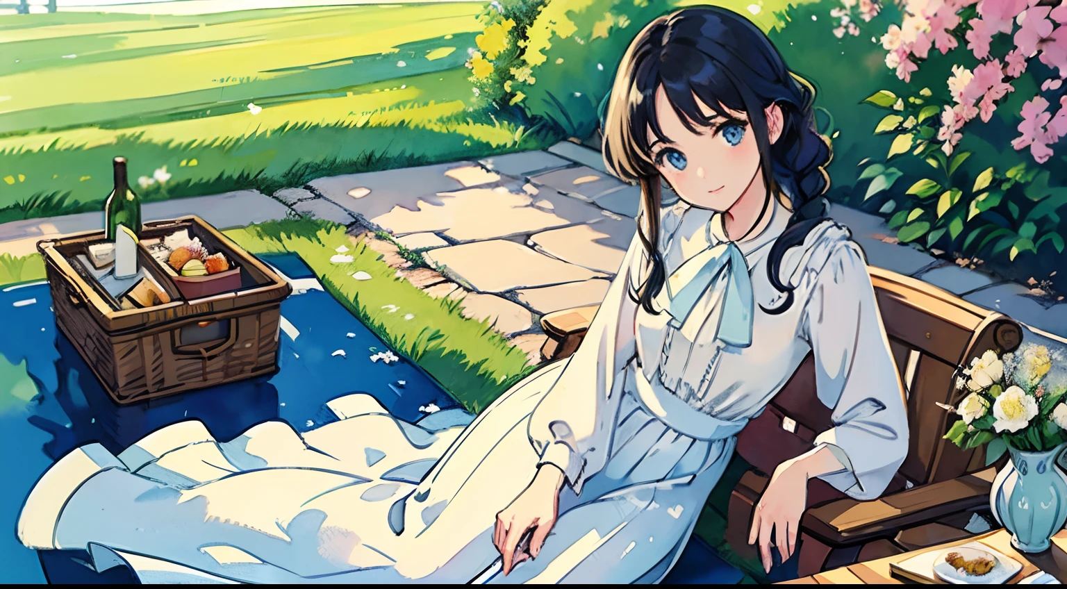 (Watercolor in Sargent style)、(top-quality、​masterpiece)、Soft light、View of the Cotswolds,Old farmhouse、rivulets、flower bloom、One lady、Braided hair、White blouse and long skirt、picnic、read a book、