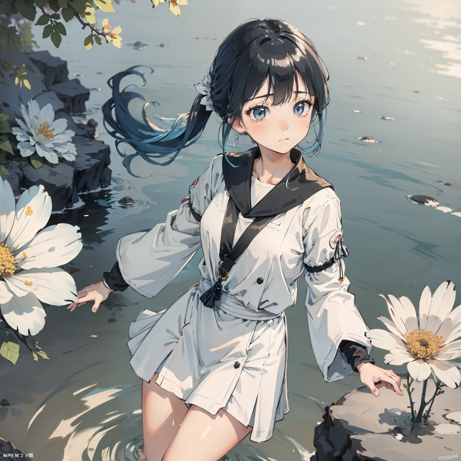 (Masterpiece), (Best quality), (Ultra detailed),(disheed hair),(illustration), (1girll), (Fashionable clothing), standing, Fashion model, view the viewer, (interview), (Simple background), Beautiful and delicate eyes, Delicate beauty, Floating, (High saturation), (colorful splashs), Colorful bubbles, (Shine), focus onface, pony tails, Ayaka Kamisato, Light blue hair, bangs, Hair rings, Floating flowers, Flowing hair, (Shiny), BEST lighting, Best shadow, full bodyesbian, Vistas