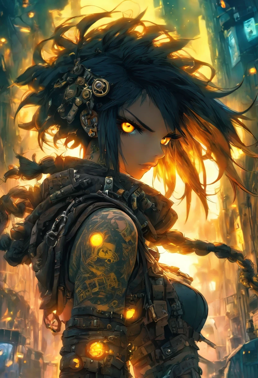 The most beautiful and sexy post apocalyptic steampunk girl, black hair, yellow eyes, wearing highly detailed steampunk tactical gear, tons of tattoos and piercings, metal fragments blowing in the wind, post apocalyptic wasteland, highly detailed background, perfect masterpiece, high quality, high resolution