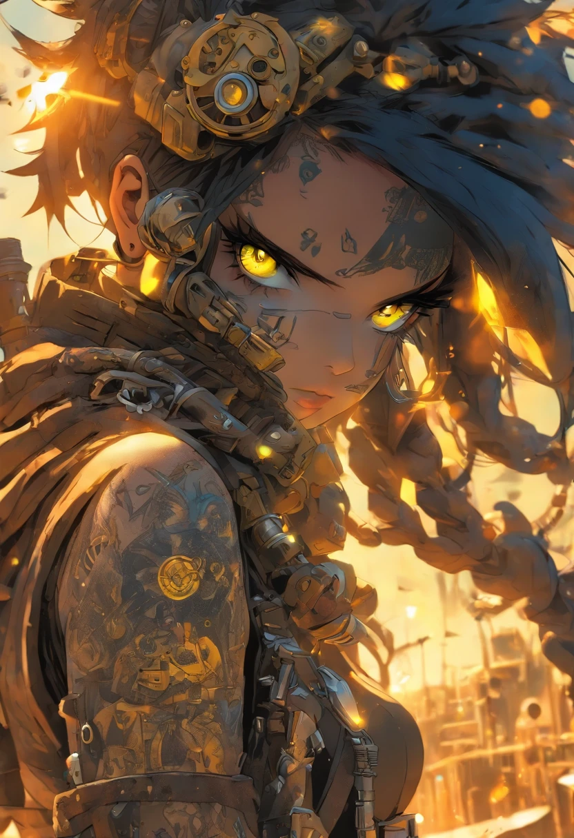The most beautiful and sexy post apocalyptic steampunk girl, black hair, yellow eyes, wearing highly detailed steampunk tactical gear, tons of tattoos and piercings, metal fragments blowing in the wind, post apocalyptic wasteland, highly detailed background, perfect masterpiece, high quality, high resolution
