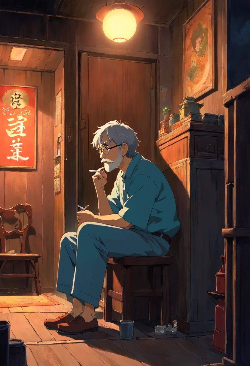 hayao miyazaki siting in dark corner room smoking cigarette