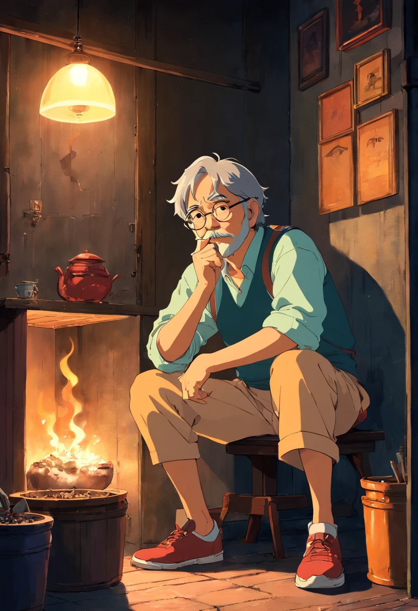 hayao miyazaki siting in dark corner room smoking cigarette