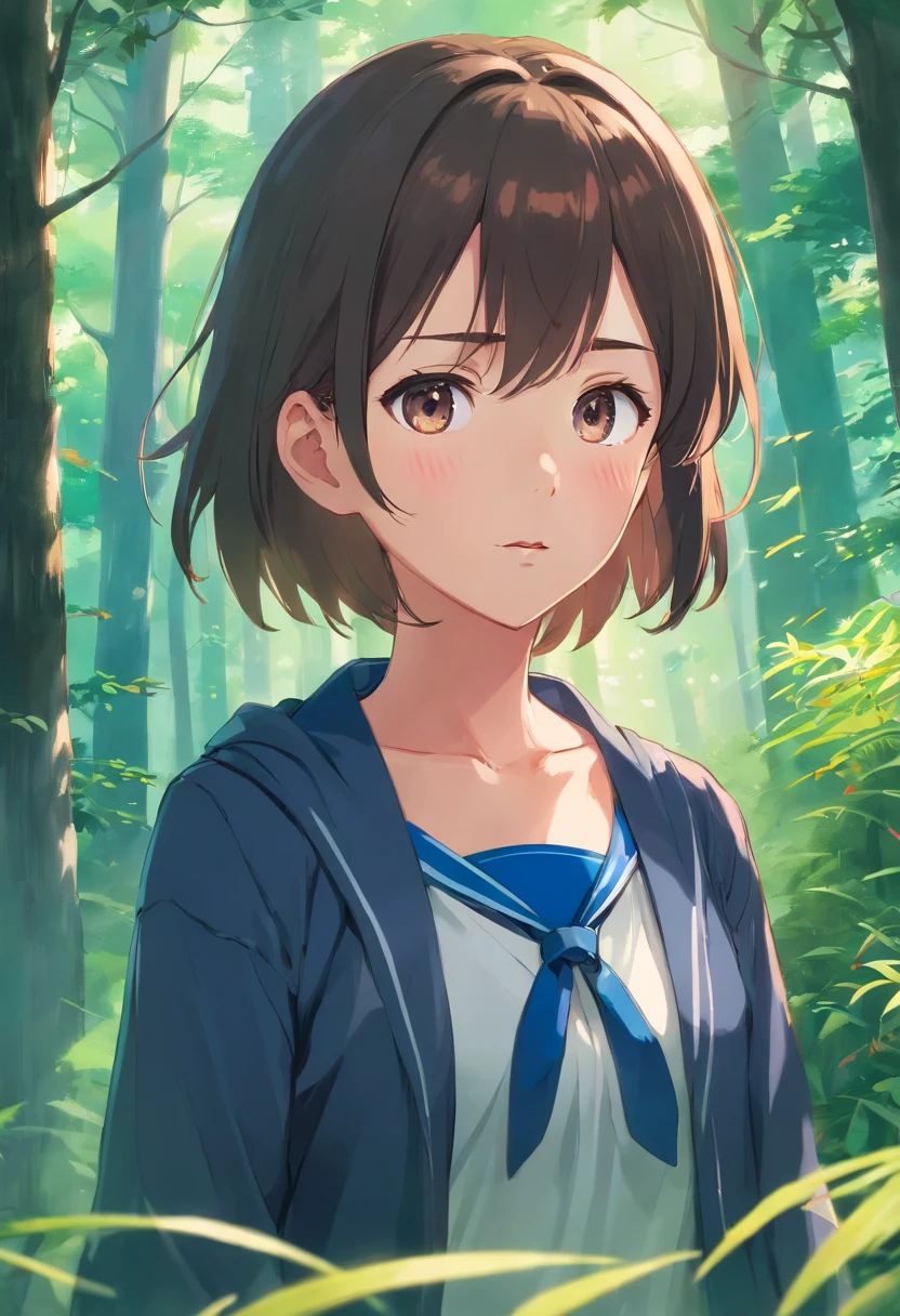 una adolescente de estilo anime, Dressed in a Japanese school uniform. Su cabello y ojos son de un hermoso tono rosa, lo que agrega un toque distintivo a su apariencia. diclonius inspirado en el Elfen Lied. The environment is located in a lush forest, full of trees and serene meadows. The girl's face shows a confused expression. He had protruding horns on the top of his head of black colors..