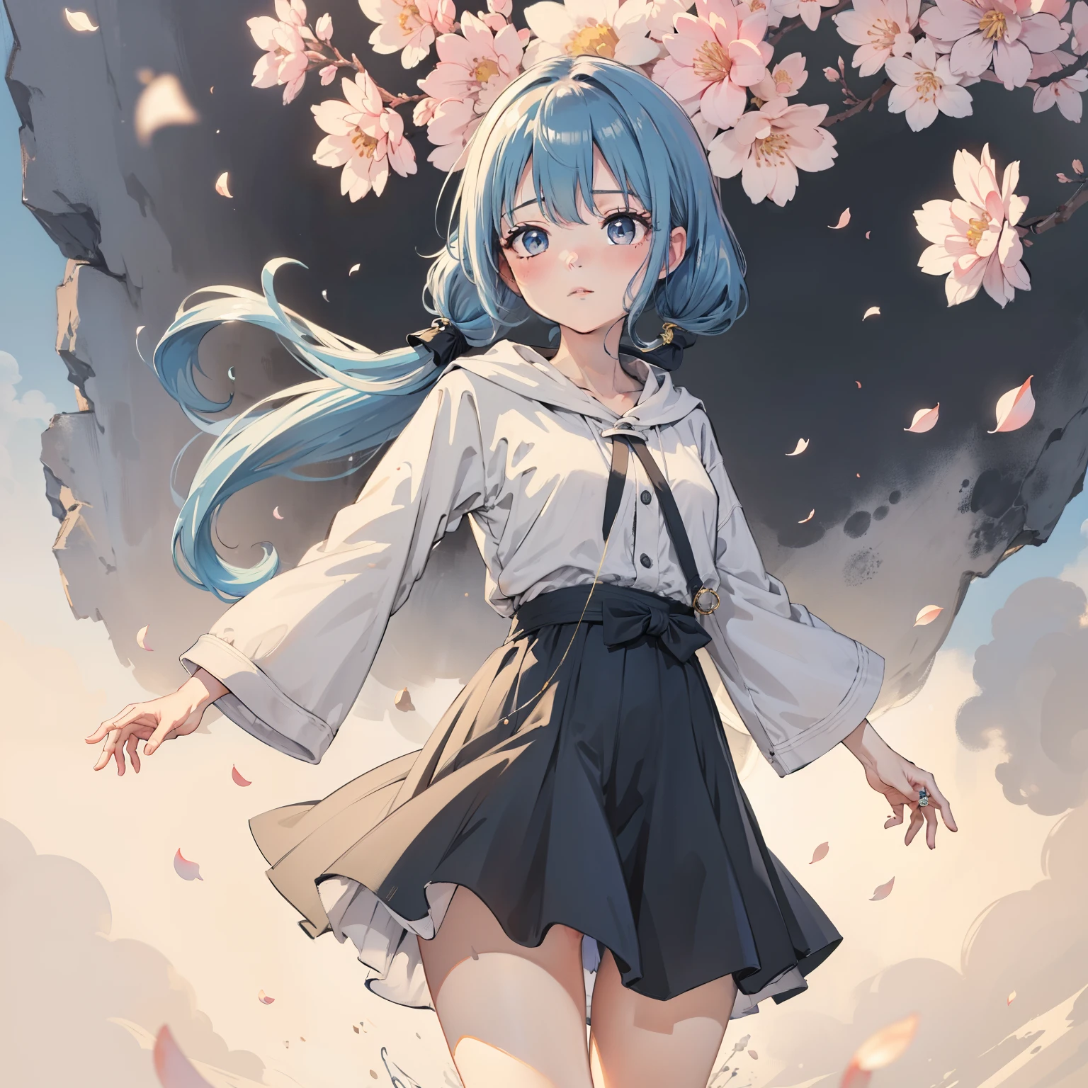 (Masterpiece), (Best quality), (Ultra detailed),(disheed hair),(illustration), (1girll), (Fashionable clothing), standing, Fashion model, view the viewer, (interview), (Simple background), Beautiful and delicate eyes, Delicate beauty, Floating, (High saturation), (colorful splashs), Colorful bubbles, (Shine), focus onface, pony tails, Ayaka Kamisato, Light blue hair, bangs, Hair rings, Floating flowers, Flowing hair, (Shiny), BEST lighting, Best shadow, full bodyesbian, Vistas