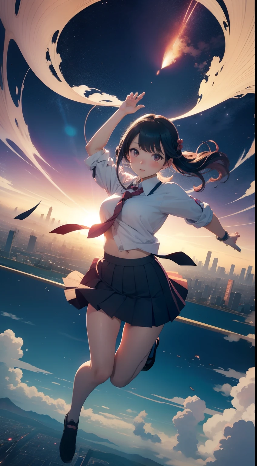 Ukiyo-e style animesque wondrous strange Whimsical surreal Sci-fi Fantasy Free-Falling Miniskirt Schoolgirl Overhead view open arms Over Tokyo
