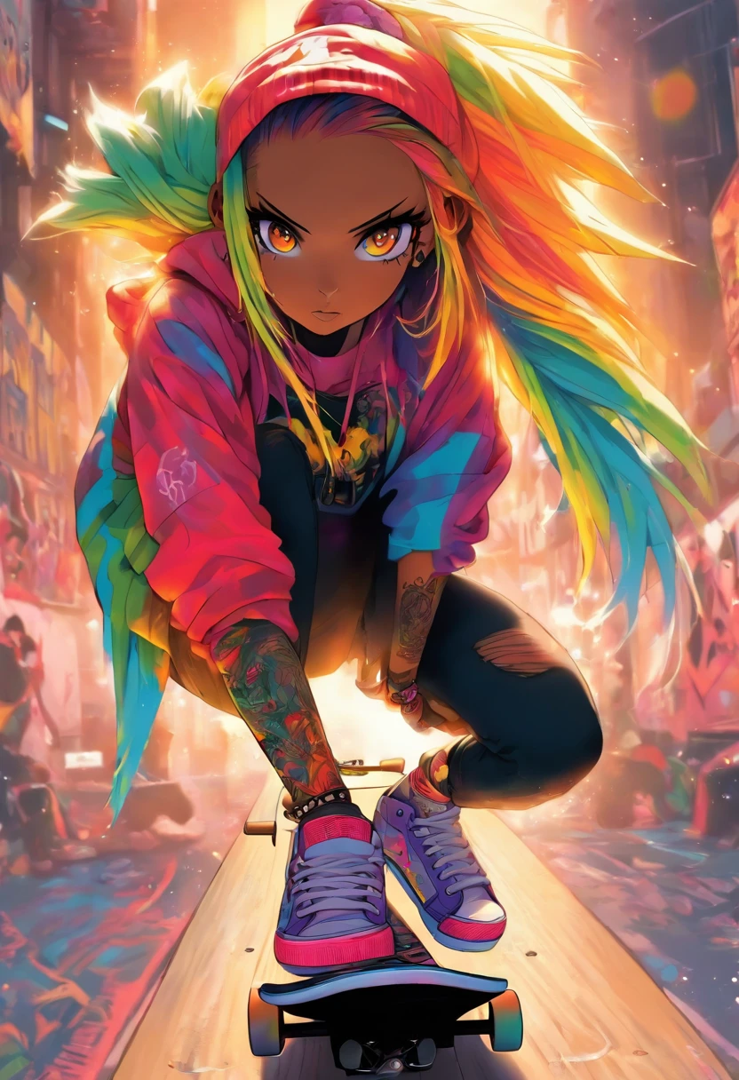 The most beautiful and sexy skateboard girl, rainbow colored hair, yellow eyes, wearing hoodie, graphic t-shirt, torn skinny jeans and highly detailed skateboard gear, tons of tattoos and piercings, highly detailed background, perfect masterpiece, high quality, high resolution