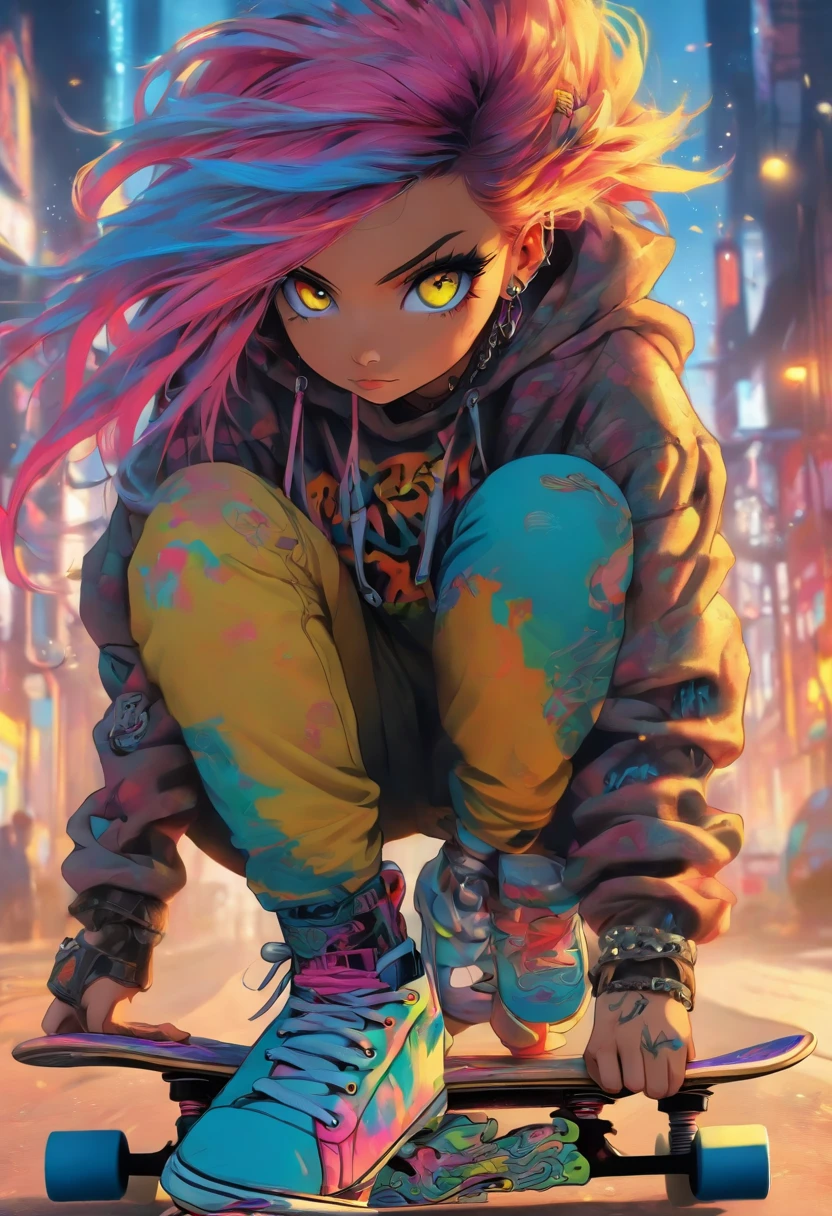 The most beautiful and sexy skateboard girl, rainbow colored hair, yellow eyes, wearing hoodie, graphic t-shirt, torn skinny jeans and highly detailed skateboard gear, tons of tattoos and piercings, highly detailed background, perfect masterpiece, high quality, high resolution