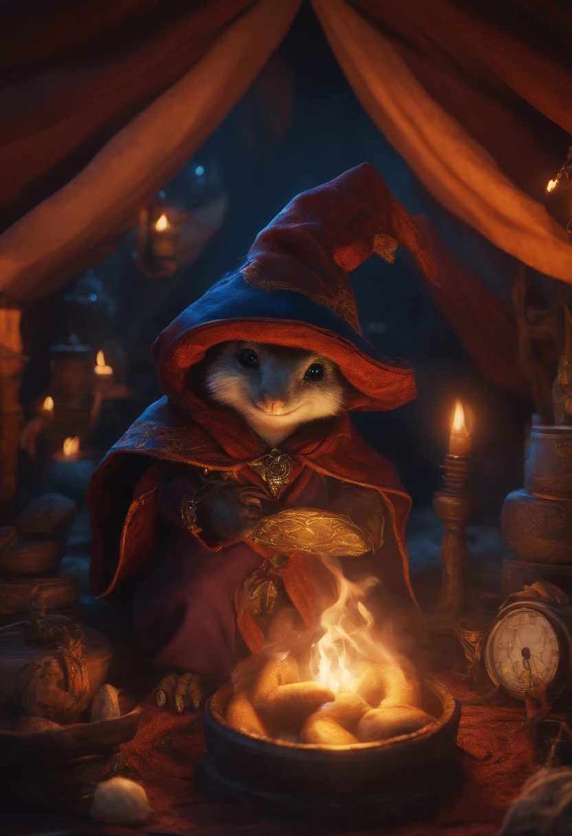 um kobolt, small humanoid with draconic features wearing sorcerer's clothes in a tent full of items casting a spell as he floats