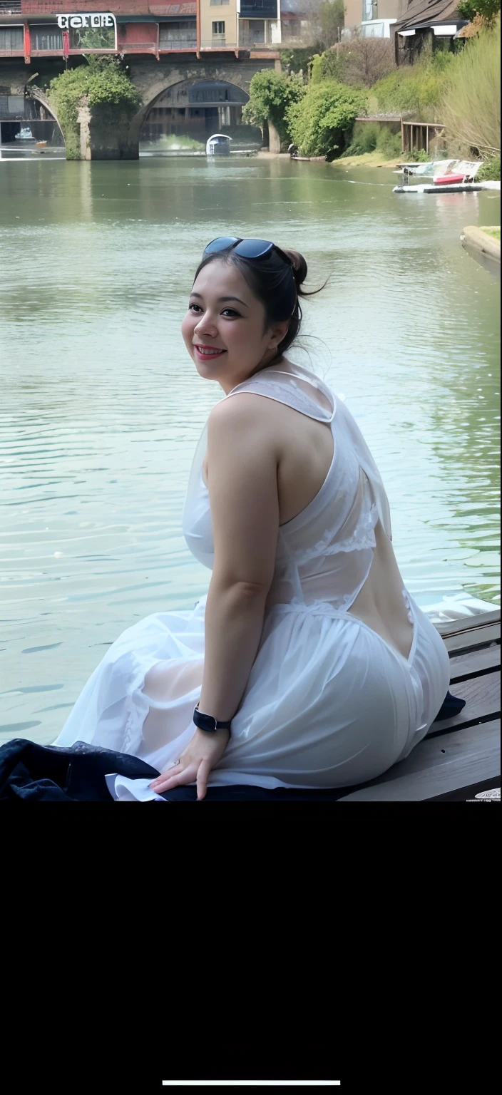 there is a woman sitting on a bench by the water, wearing a white transparent dress, big boobs, no panties, erotic mood,