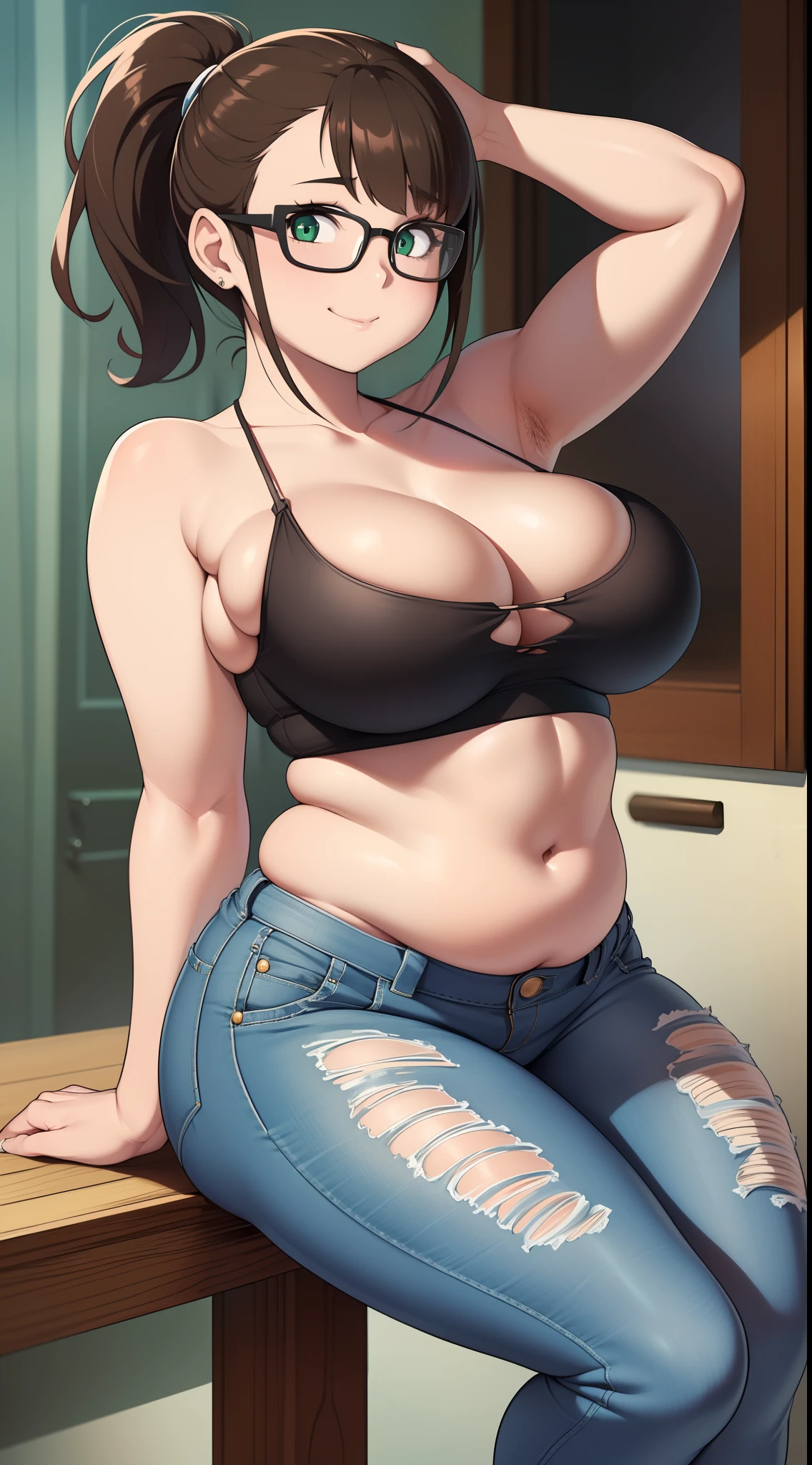 ((kipteitei art)), ((highres)), Masterpiece, high quality, best quality, beautiful, perfect lighting, detailed face, ultra cute face, full body, cowboy shot, ((1girl)), ((solo), skindentation, short brown hair, green eyes, glasses, ponytail, smile, looking at viewer, white crop top, jeans, chubby, belly hang, (medium breasts), perky breasts, cleavage, (thick thighs), wide hips, dynamic pose, house party,