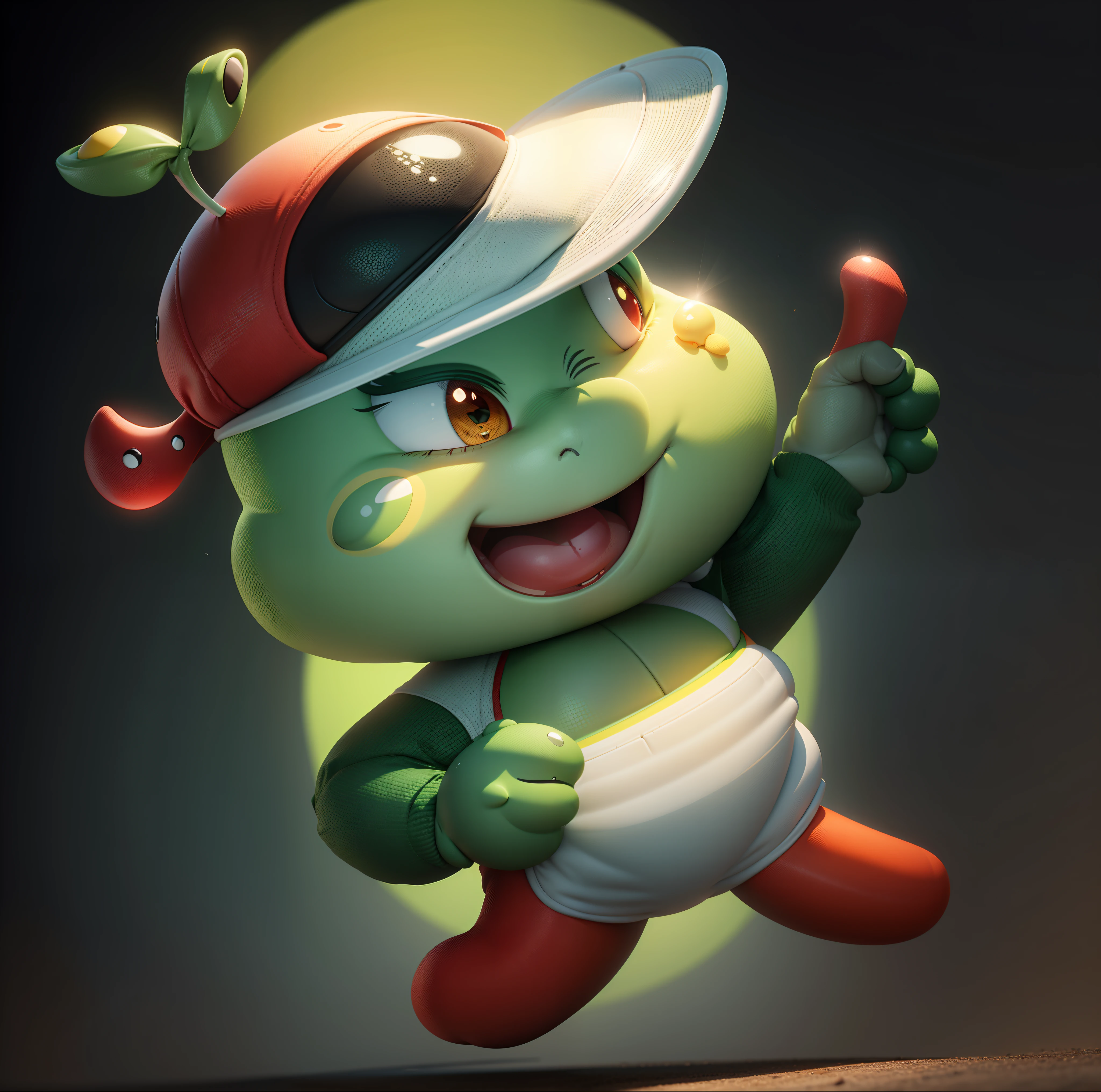 Cute cartoon,Round and cute,Green skin,Redfaced,黑The eye,Yellow belly,Red sports cap,white brims,ssmile,Rounded,white backgrounid,3D cartoon style rendering,Roundness,