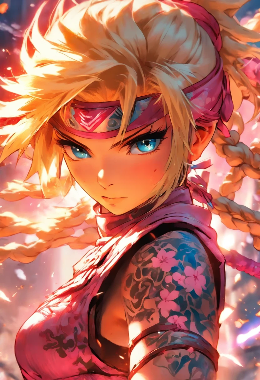 The most beautiful and sexy ninja warrior princess, blonde hair, blue eyes, wearing highly detailed pink battle armor, tons of tattoos and piercings, blood splattered, cherry blossoms blowing in the wind, highly detailed background, perfect masterpiece, high quality, high resolution