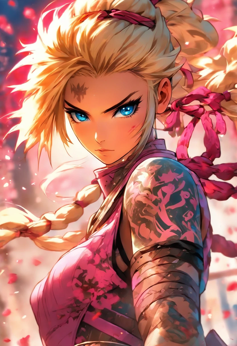 The most beautiful and sexy ninja warrior princess, blonde hair, blue eyes, wearing highly detailed pink battle armor, tons of tattoos and piercings, blood splattered, cherry blossoms blowing in the wind, highly detailed background, perfect masterpiece, high quality, high resolution