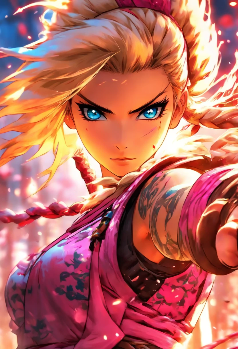 The most beautiful and sexy ninja warrior princess, blonde hair, blue eyes, wearing highly detailed pink battle armor, tons of tattoos and piercings, blood splattered, cherry blossoms blowing in the wind, highly detailed background, perfect masterpiece, high quality, high resolution