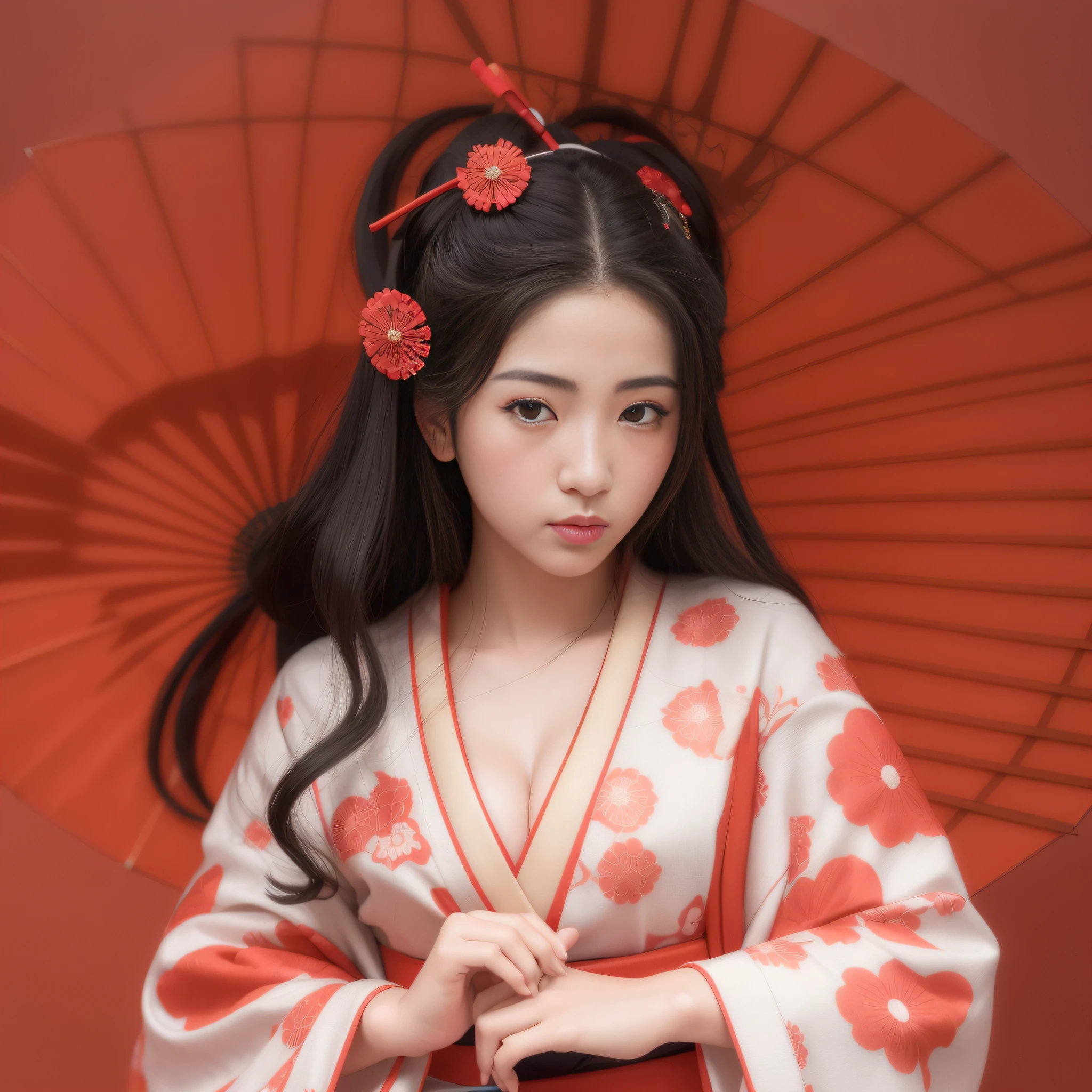there is a woman in a kimono with an umbrella, Retrato de uma gueixa bonita, Retrato da gueixa, No estilo de arte de Ukiyo - E, female geisha girl, gueixa japonesa, gueixa glamourosa e sexy, Gueixa da beleza, japanese art style, Retrato de uma gueixa, inspired by Itō Shinsui.