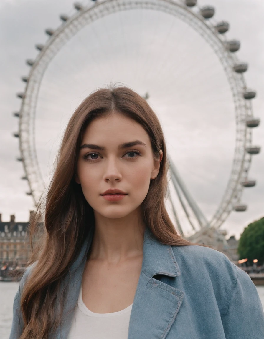 journey, in the style of rap aesthetics, girl, London, England, make for a memorable photo. The background is London Eye, a giant Ferris wheel. photo taken with fujifilm superia, charly amani, oversized portraits, babycore, upper body