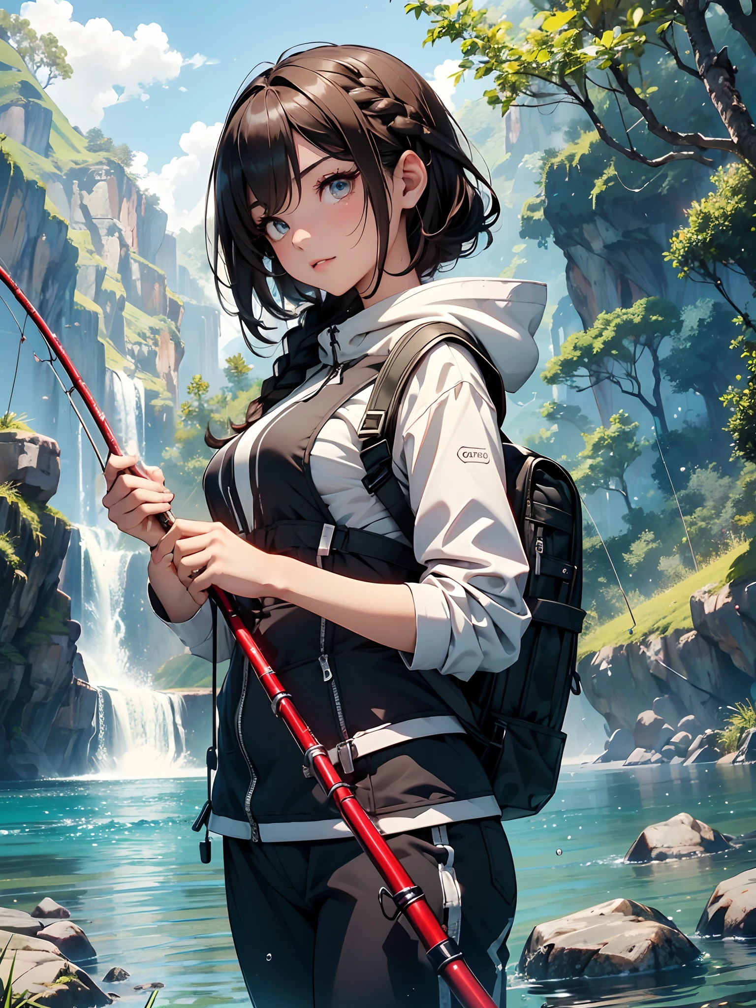 8K、masterpiece, top-quality, The ultra -The high-definition, Top resolution, ighly detailed, profetional lighting, 电影灯光、nffsw、Woman fishing in the river、Beautiful and wide river、Flowing waterfall、Petricular muscle、musgo、the woods、mont、Blue sky、Flowing clouds、steam、myst、Full Body Pose、Girl blends into the landscape、Beautuful Women, a small face、de pele branca、a very cute, 17 age、(A detailed eye、Bright pupils、Gradient Eyes:1、finely detailed beautiful eye:1、Symmetrical eyes:1、big highlight on eyes:1.2)、detailed hairs、Brown eyes)、breasts are medium in size、(Black-brown hair、Short hair、Short、Braiding)、(1 fishing rod、Holding a fishing rod in your hand、Fishing lure rod、Fly Rod、Fishing Reels、with long sleeve hood、Outdoor Vest、parka、Waders、Long pants for fishing、Big backpack)、thin and long legs、Beautiful hip line、Beautiful spine、constricted back、Toned waist、The face is a little red, beutiful breast、Breast is an A cup、long hair split edges) 、(Round face: 1.4)、(Fine fingers、Ratio 4 fingers and 1 thumb、detailed arms、detailed human hands)、Gentle smile、shiny lip、(1 fishing rod、Straight stretch fishing rod、Long fishing rod、Woman fishing with fishing rod in hand)、The tree々Sunlight passing between、(Dappled sunlight)