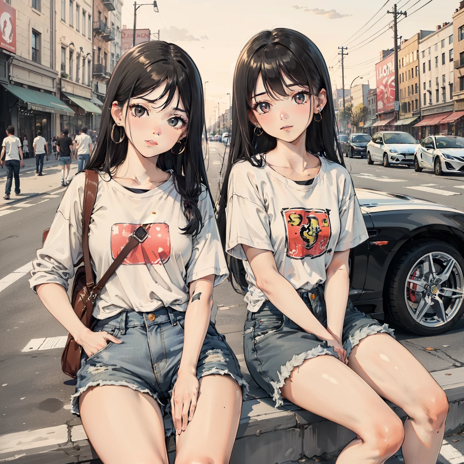 Top quality, Masterpiece, hyper HD, (Real: 1.4), Original photo, (Evening street), 1 girl, Black eyes, Looking at the audience, Long hair, Light makeup, Lips, Small ears, White T-shirt, Denim shorts, Earrings, sitting Ferrari,, Slim, Neat, park