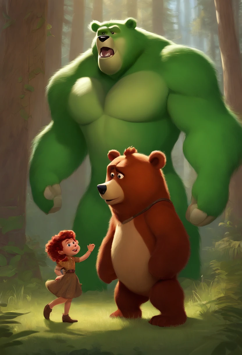 Woman in green dress standing next to Arin and red bear, Concept art by Maxwell Bates, trending on deviantart, furry art, giant bear human hybrid, annie from league of legends, disney stylized furry, Pixar Character Design, angry bear, pixar cartoon style, Portrayed as a Pixar character, The ideal Pixar character, bugbear, as a pixar character