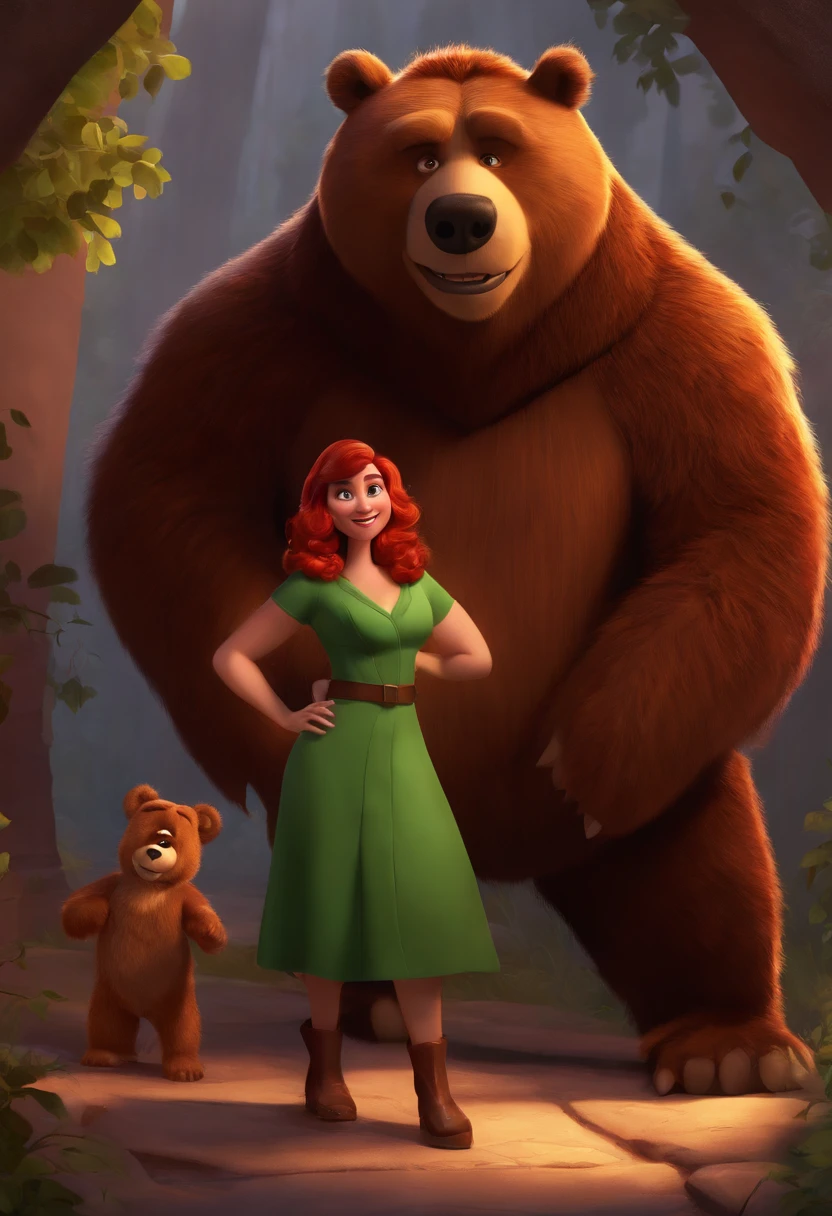 Woman in green dress standing next to Arin and red bear, Concept art by Maxwell Bates, trending on deviantart, furry art, giant bear human hybrid, annie from league of legends, disney stylized furry, Pixar Character Design, angry bear, pixar cartoon style, Portrayed as a Pixar character, The ideal Pixar character, bugbear, as a pixar character