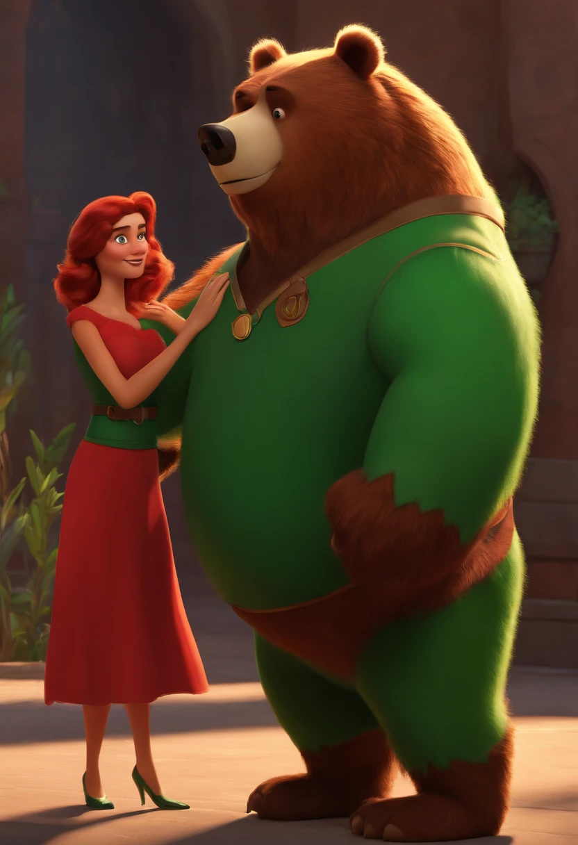 Woman in green dress standing next to Arin and red bear, Concept art by Maxwell Bates, trending on deviantart, furry art, giant bear human hybrid, annie from league of legends, disney stylized furry, Pixar Character Design, angry bear, pixar cartoon style, Portrayed as a Pixar character, The ideal Pixar character, bugbear, as a pixar character