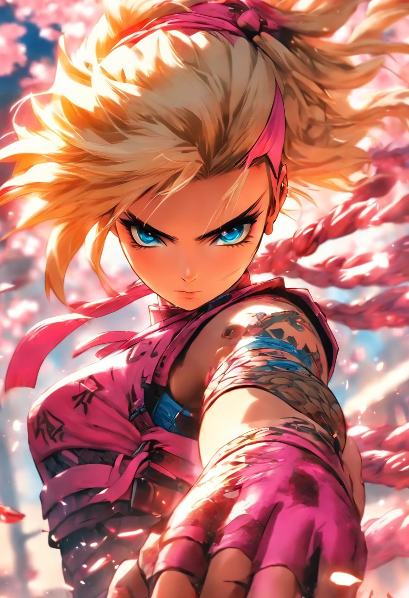 The most beautiful and sexy ninja warrior princess, blonde hair, blue eyes, wearing highly detailed pink battle armor, tons of tattoos and piercings, blood splattered, cherry blossoms blowing in the wind, highly detailed background, perfect masterpiece, high quality, high resolution