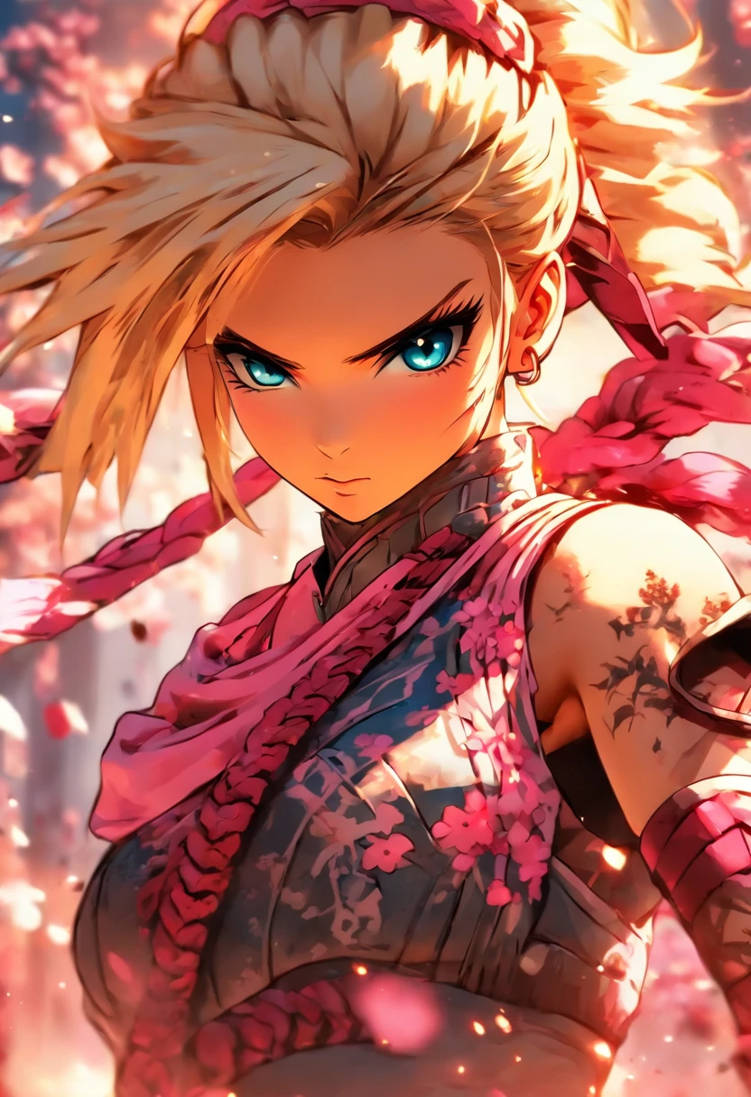 The most beautiful and sexy ninja warrior princess, blonde hair, blue eyes, wearing highly detailed pink battle armor, tons of tattoos and piercings, blood splattered, cherry blossoms blowing in the wind, highly detailed background, perfect masterpiece, high quality, high resolution