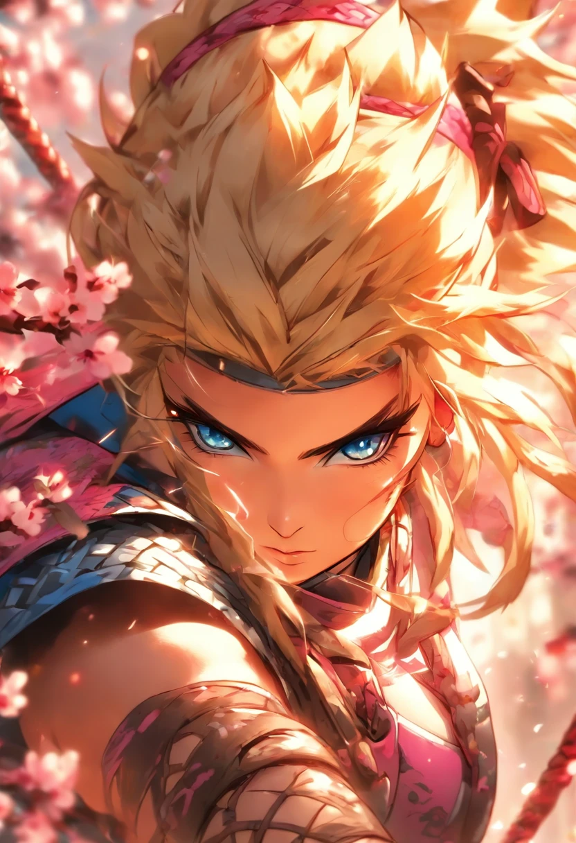 The most beautiful and sexy ninja warrior princess, blonde hair, blue eyes, wearing highly detailed pink battle armor, tons of tattoos and piercings, blood splattered, cherry blossoms blowing in the wind, highly detailed background, perfect masterpiece, high quality, high resolution