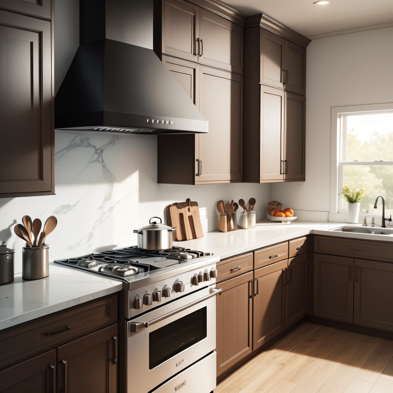large kitchen layouts with Cooking Area - Range Hood, Range or Cooktop, and Oven