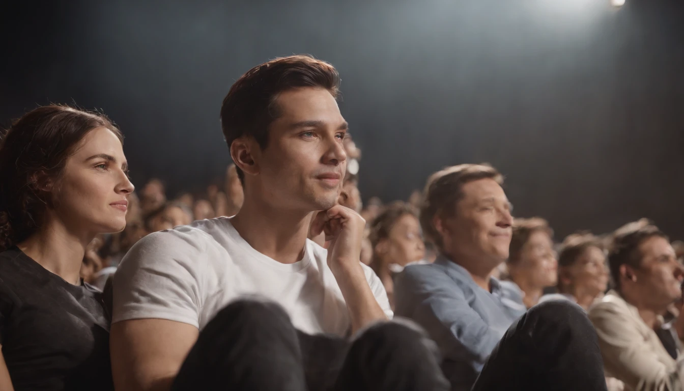 A group is attending a meeting,There are people on stage who are wearing sportswear to give a speech,affectionate,There were many people in the audience sitting and listening,k hd,the detail,applaud,cheer,Mob,stage,lamplight,Extremely clear picture book，Master composition，Perfect image quality