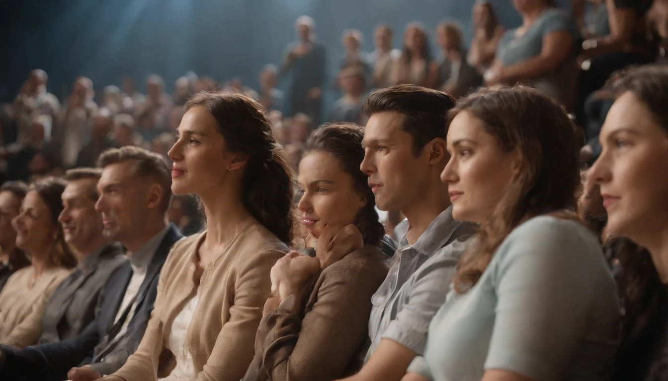 A group is attending a meeting,There are people on stage who are wearing sportswear to give a speech,affectionate,There were many people in the audience sitting and listening,k hd,the detail,applaud,cheer,Mob,stage,lamplight,Extremely clear picture book,Master composition,Perfect image quality