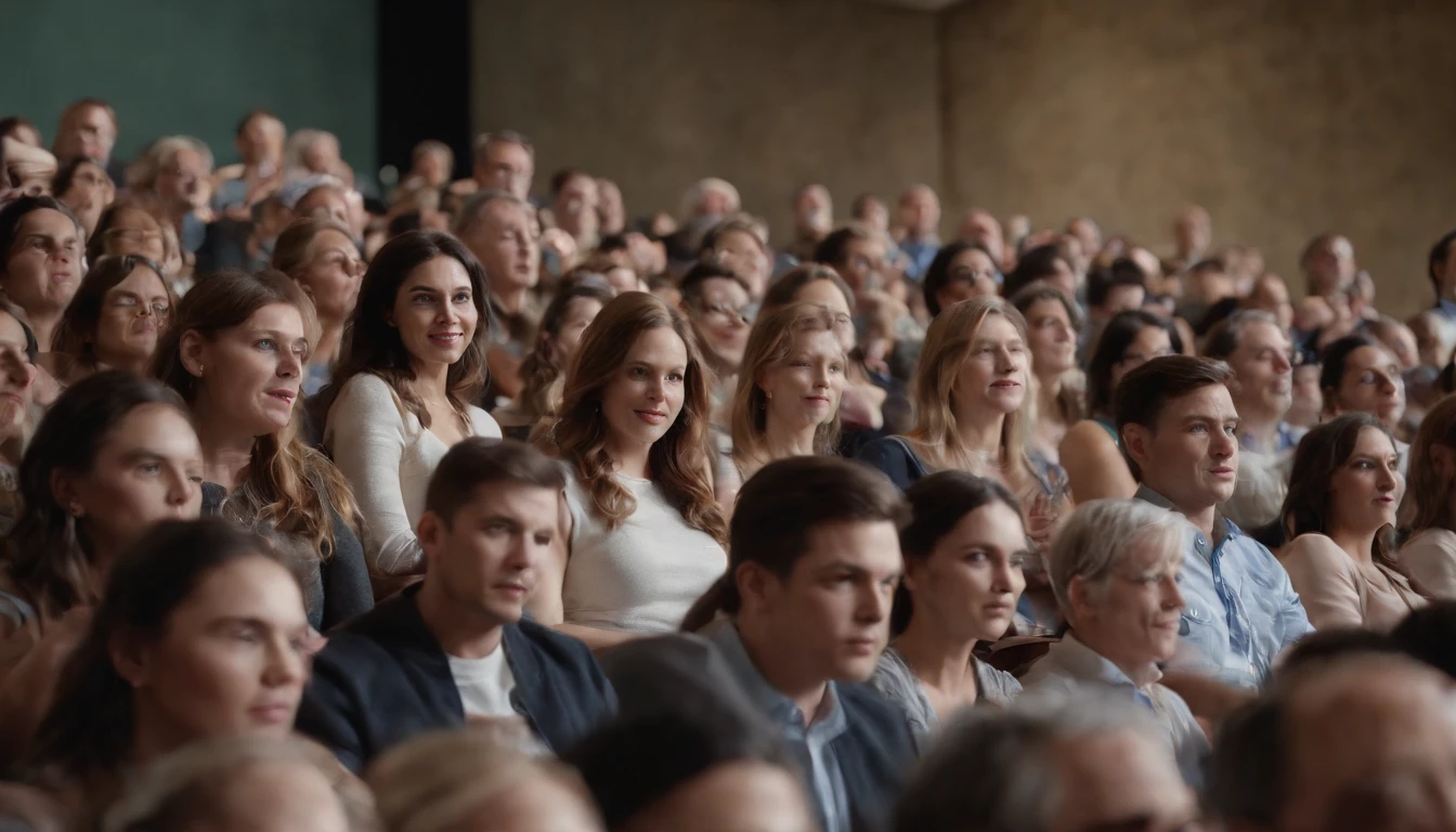 A group is attending a meeting,There are people on stage who are wearing sportswear to give a speech,affectionate,There were many people in the audience sitting and listening,k hd,the detail,applaud,cheer,Mob,stage,lamplight,Extremely clear picture book,Master composition,Perfect image quality