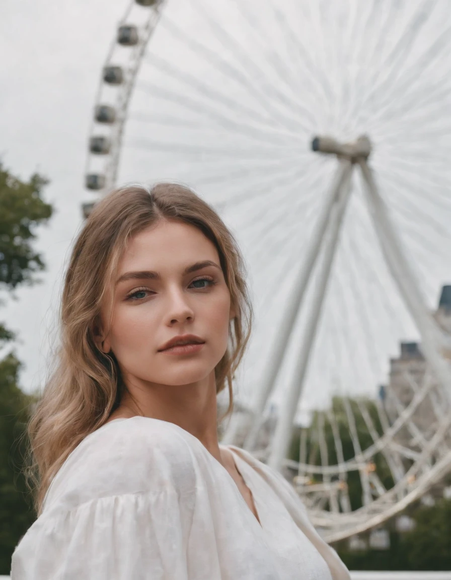 journey, in the style of rap aesthetics, girl, London, England, make for a memorable photo. The background is London Eye, a giant Ferris wheel. photo taken with fujifilm superia, charly amani, oversized portraits, babycore, upper body