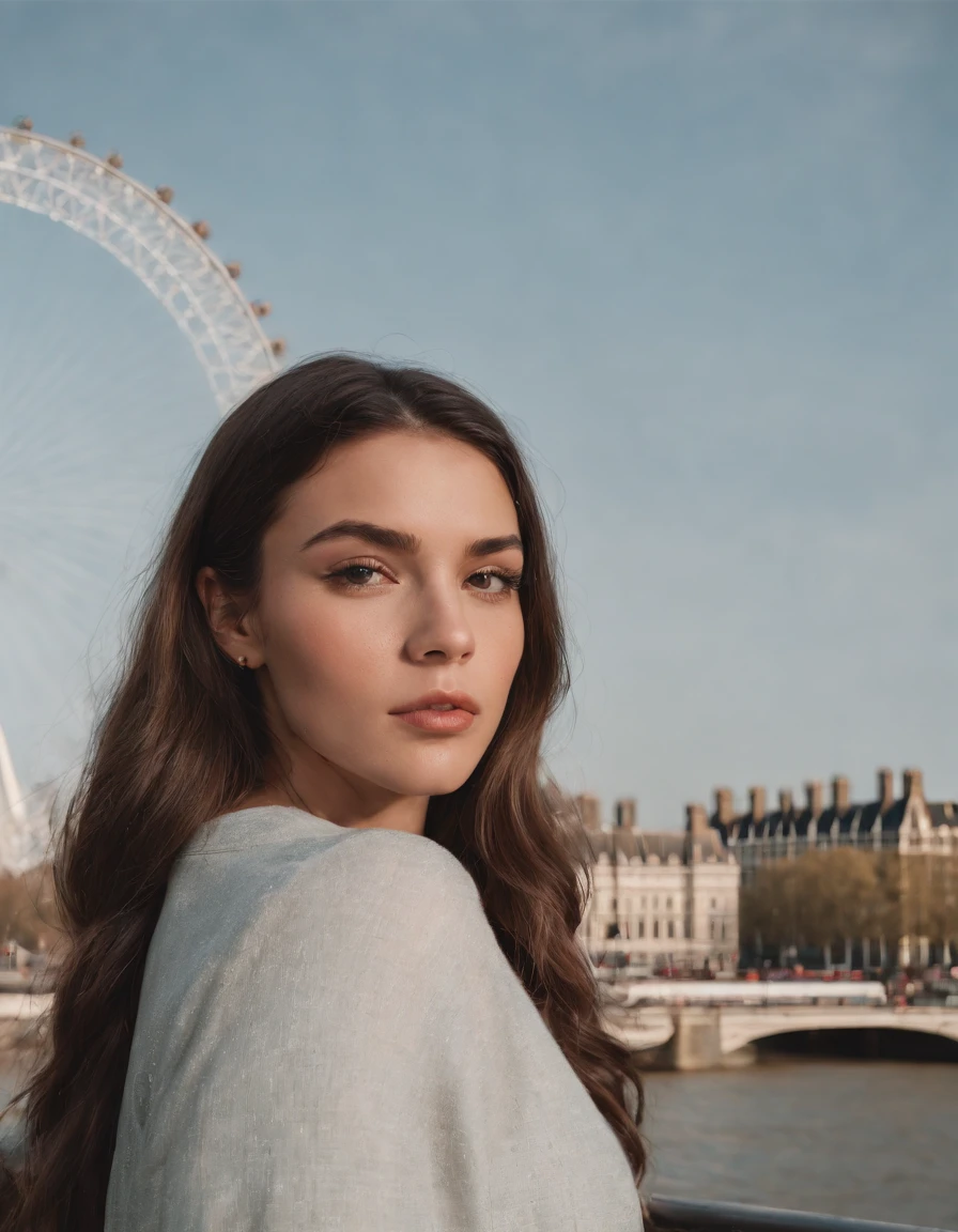 journey, in the style of rap aesthetics, girl, London, England, make for a memorable photo. The background is London Eye, a giant Ferris wheel. photo taken with fujifilm superia, charly amani, oversized portraits, babycore, upper body