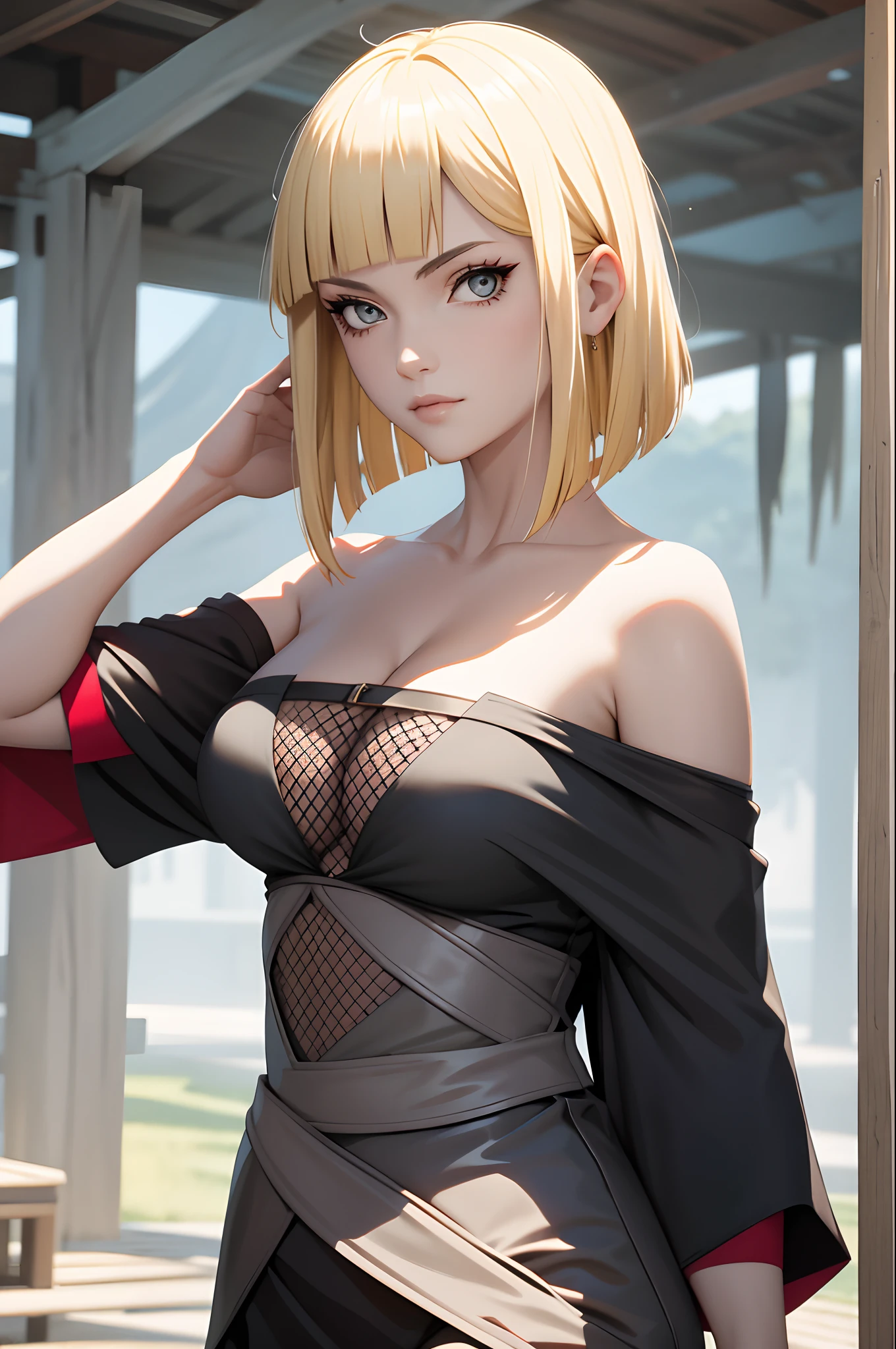 Masterpiece, Best quality, Koh Samui, black kimono, , vambraces, .sportrait, Frontal photo,Off-the-shoulder attire,ssmile,Be red in the face