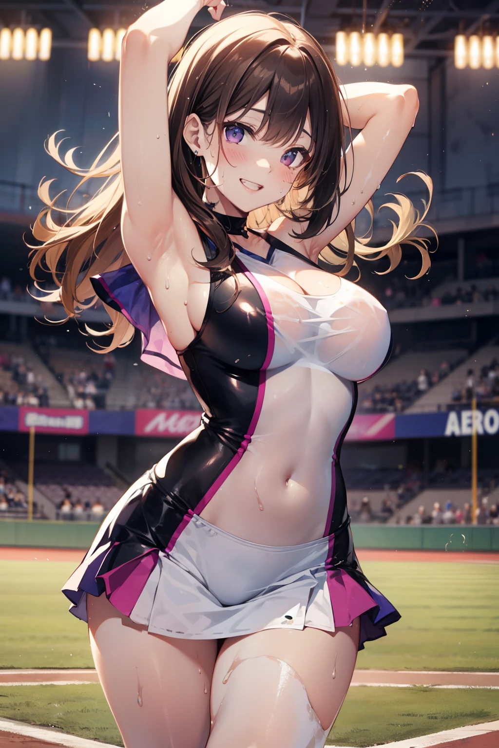 top-quality、Full limbs、complete fingers、Slender beauty、straight haired、Brown hair、Raw feet、Purple Cheer Girl Costume、baseball field、Sweating、Wet texture、Beautiful Large Breasts、Dancing、A big smile