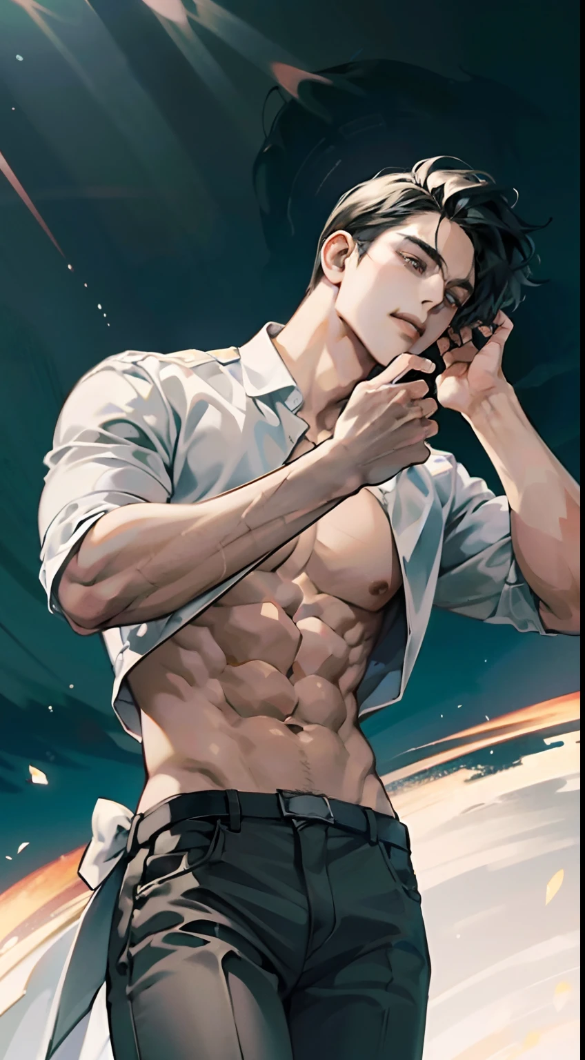 4k, High resolution, La mejor calidad, Obra maestra, colores perfectos, perfectamente sombreado, Perfect lighting, Publicado el E621, (por chunie), Anthro, ((retrato)), ((Hombre guapo)), Figura masculina perfecta, Cabello corto y detallado,Use pantalones cortos para hombre,Abs,musculatura,chest muscle,Abs,Parte superior del cuerpo desnuda,Cara detallada, Cara perfecta, (Los stands up), Antecedentes detallados, ((Bonifasko lighting)), (ojos detallados), pupilas perfectas,piel bronceada