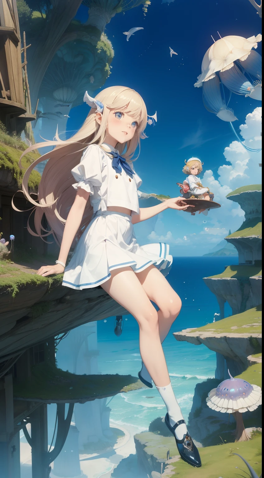 Charles Robinson, Errol le cain, Maurice Sendak Anime wondrous strange Whimsical surreal Sci-Fi Fantasy Girl diving into the sea Beautiful face Miniskirt schoolgirl monkfish jellyfish Coral Forest octopuses A large number of bubbles