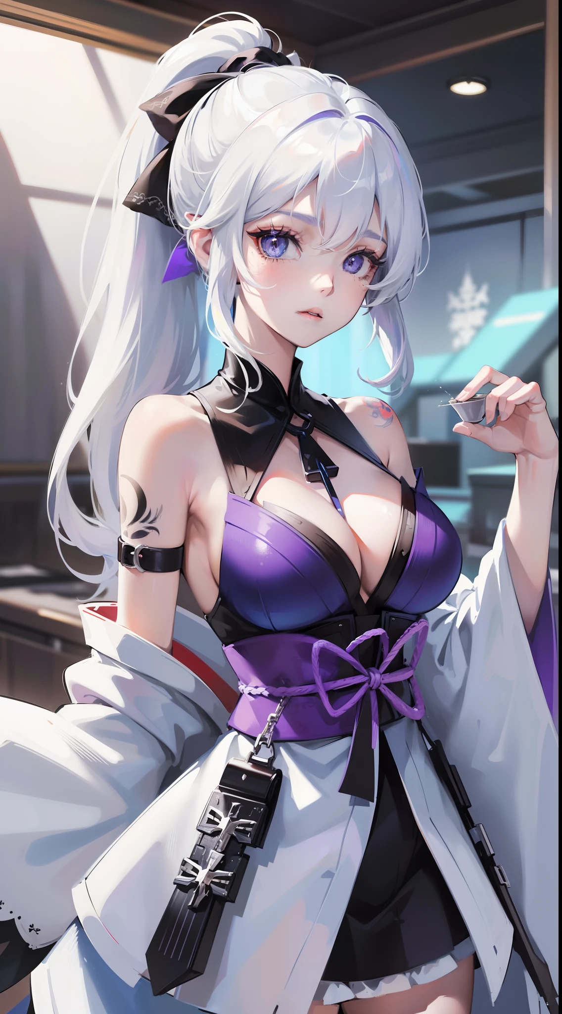 young girl, white colored hair, Cat's ears, high ponytail, Heterochromia, blue and purple eyes, Blue kimono, tattoo, Sleeveless, Deep neckline on the chest, open breasts, open shoulders, Masterpiece, hiquality, high detail, HD, 4k