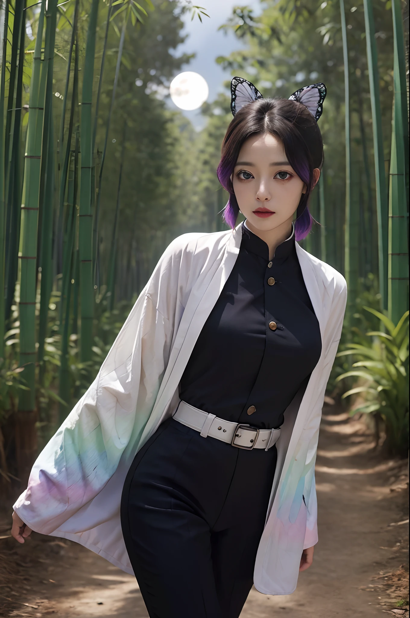 Master Part, Best Quality Keeper, Higher, 1girll, Located in a bamboo forest,In the background is a huge bright moon, Shinobu Kocho, butterfly hair ornament, Purple eyes, multicoloured hair, Short hair, Detached strips, Outerwear, long sleeves, Black pantsuit, black jackets, belt, cowboy shots,The character is facing the camera,Frontal photo,Wear sunglasses