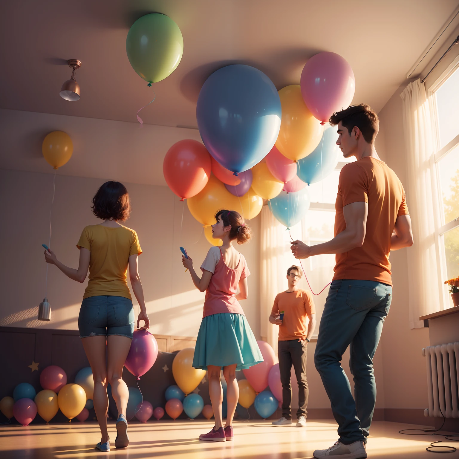 Abstract and colorful Pixar-style background of two women and two men who are decorating a room for a children's theater with balloons, stars and lamps