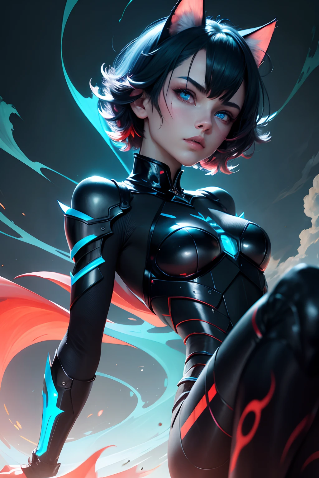 cat eyes，Cyan armor，short hairs，Red-blue clouds，sharp talons，A cyclone that surrounds the body，Gaze ahead，Lying body，Dim light