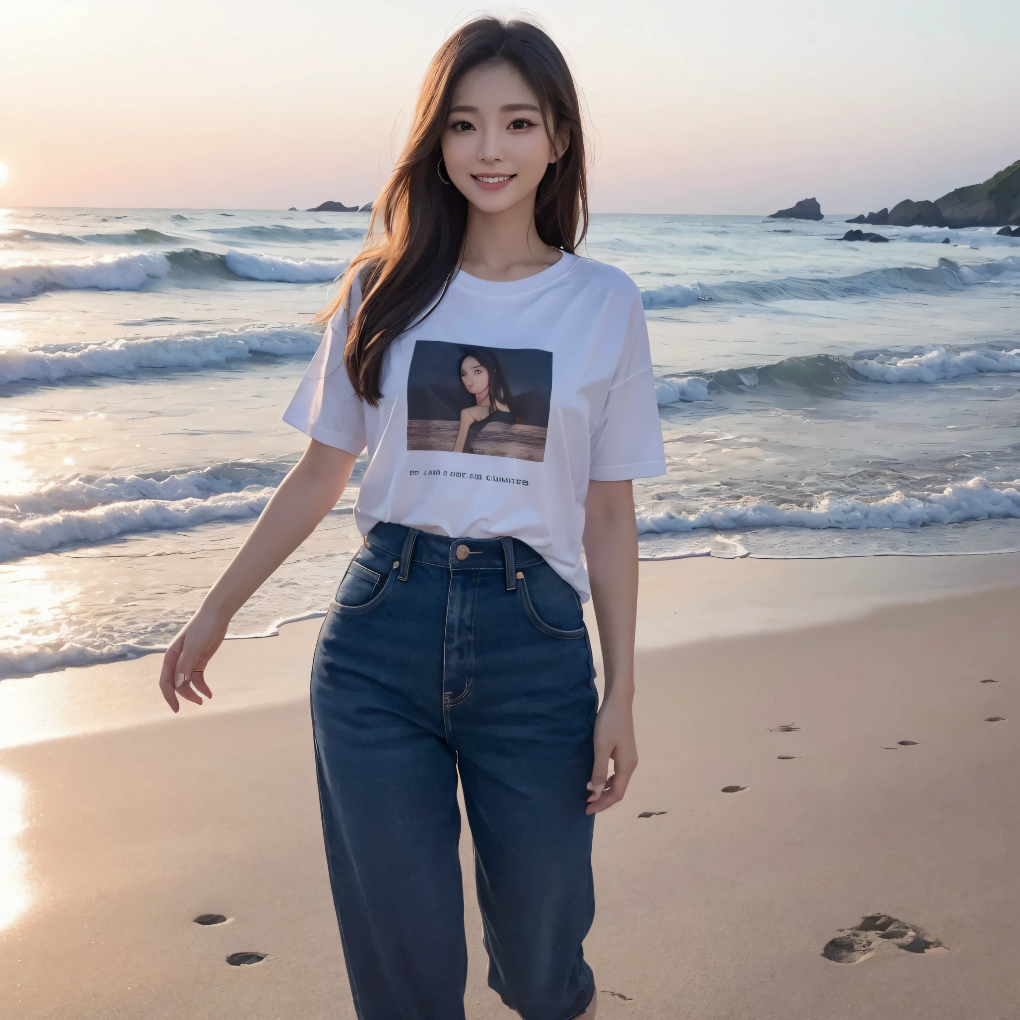 One lady、((best qualtiy、8k masterpieces:1.3))、foco nítido:1.2、(ultra beautiful faces:1.0)、(shinny skin:1.0)、photos realistic、A dark-haired、Video Lighting、High-definition eyes and face、Video Lighting、Japan actress with Korean-style makeup、from the front side、medium breasts、Smile、Slender Abs Beauty、Whole body、wearing t-shirts、On the beach at night