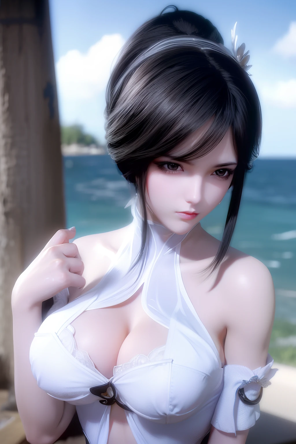 A girl with black hair，Hands over large breasts。Wearing sexy white lingerie by the sea