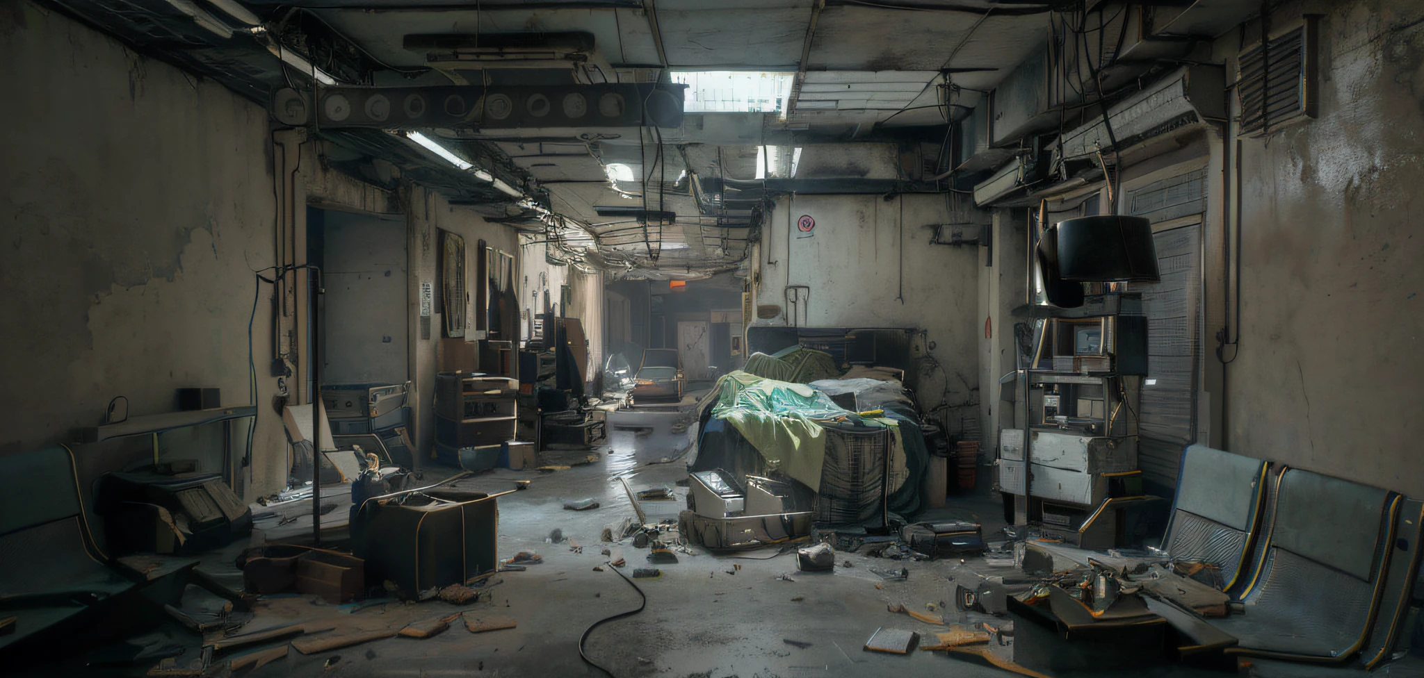 There was a room with a lot of garbage and lots of furniture, Entorno hiperrealista, Arte conceptual oscuro fotorrealista,. Motor ilusorio, Arte conceptual fotorrealista, Motor ilusorio. cinematic film still from, por Senior Environment Artist, Unreal Engine renderiza arte conceptual, Estilo cyberpunk hiperrealista, Arte conceptual fotorrealista, Arte conceptual 4K e hiperrealismo