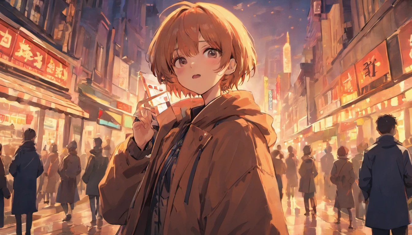 1boy,American streets,coat large,Holding the phone in his left hand,Happy expression,Handsome 20-year-old man
