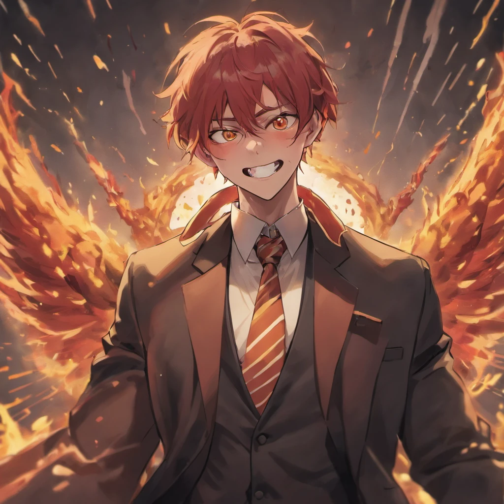 Disturbed demonic male in business suit, crazy look in his eye, large grin on his face, insane