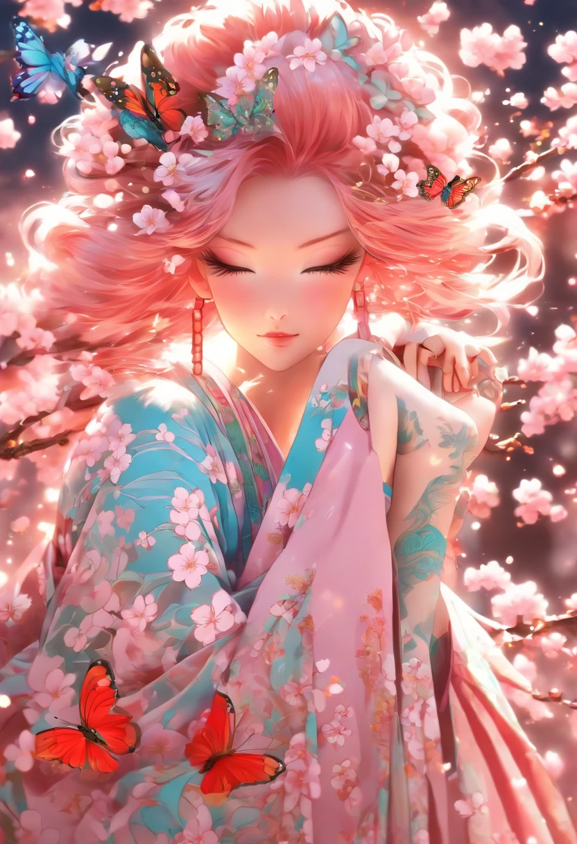 shukezouma, octane render, hdr, (hyperdetailed:1.15), (soft light, sharp:1.2), 1girl, beautiful girl, ultra detailed eyes, mature, plump, thick, rainbow painting drops, paint teardrops, woman made up from paint, entirely paint, splat, splash, long colored hair, kimono made from paint, ultra detailed texture kimono, rainbow paint kimono, paint bulb, paint drops, (hair ornaments, earrings, flowers hair ornaments, butterflies hair ornaments), outdoors, sakura trees