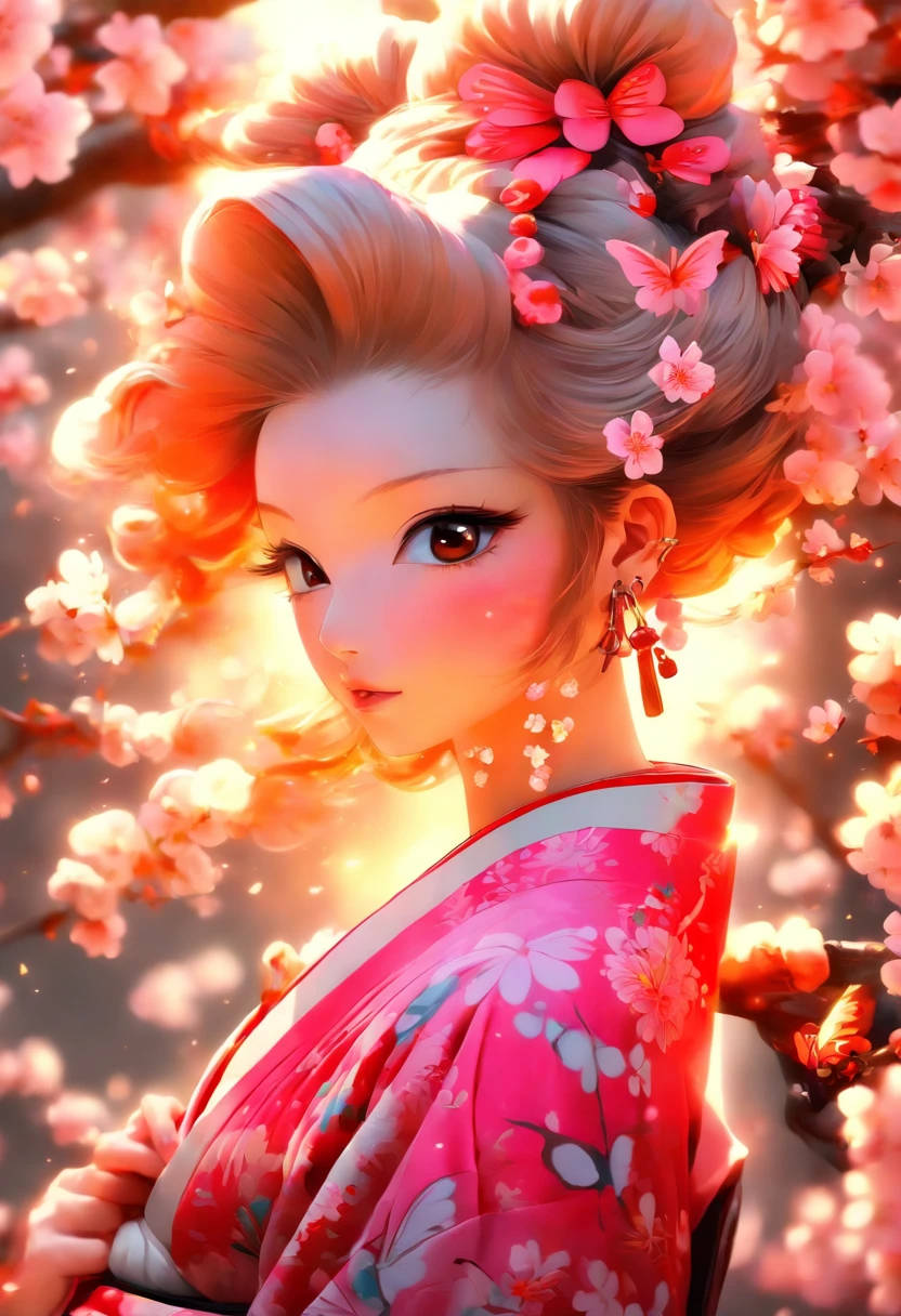 The most beautiful and sexy cherry blossom goddess, long beautiful pink hair, glowing white eyes, wearing the most beautiful and highly detailed kimono, butterfly wings, tons of tattoos and piercings, cherry blossoms and butterflies blowing in the wind, perfect masterpiece, high quality, high resolution
